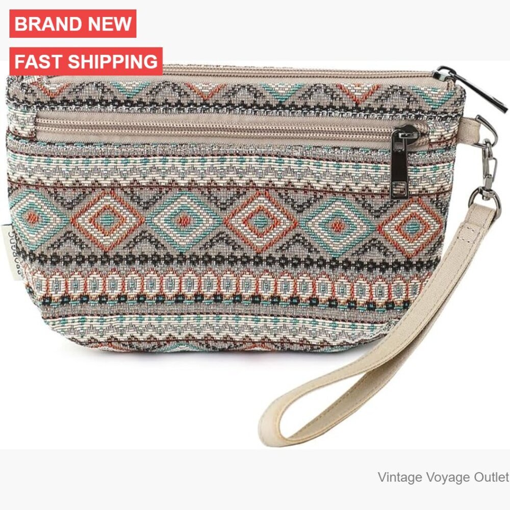 Small Wristlet Wallet Clutch with 3-Zipper Design, Polyester